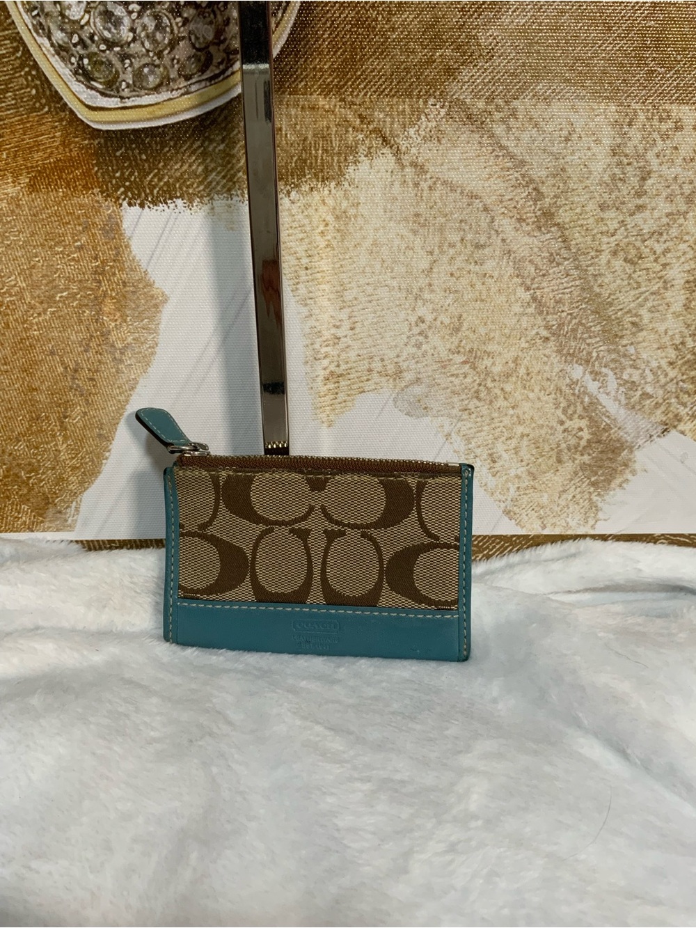Coach Brown Signature Canvas Card Wallet with Turquoise Trim